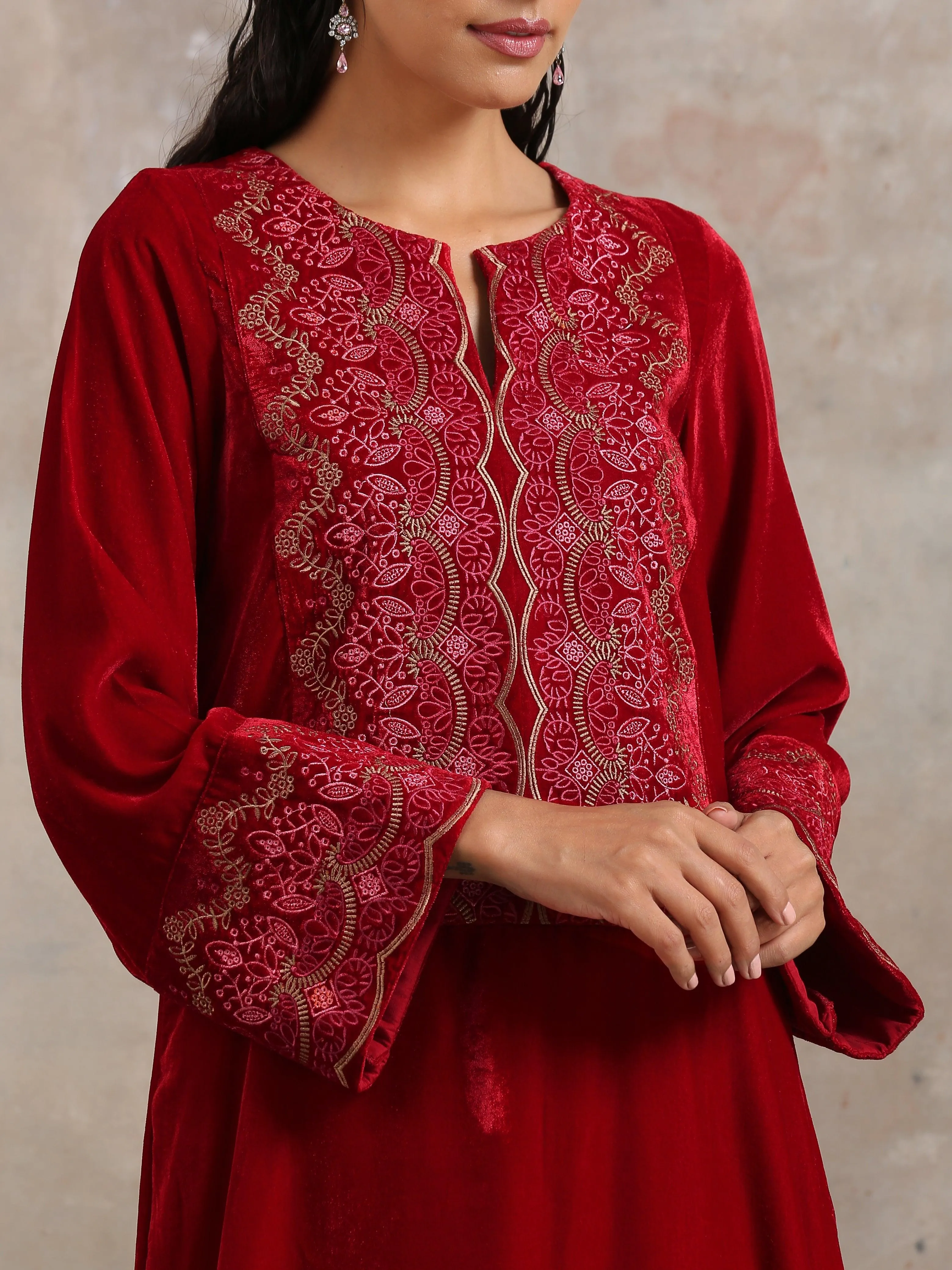 Red Velvet Embroidered Slit Kurta