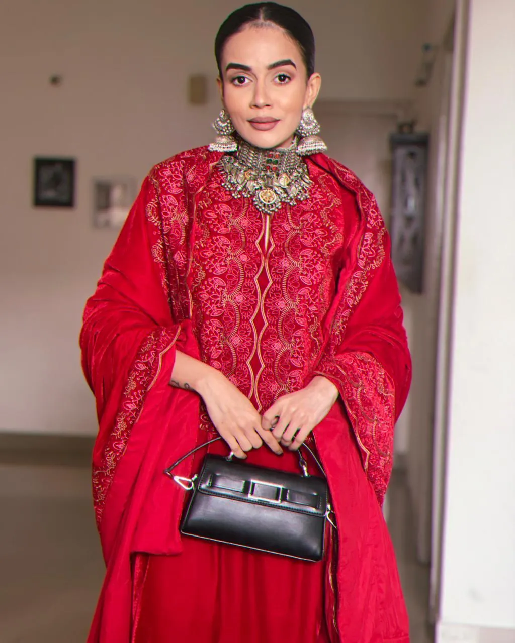 Red Velvet Embroidered Slit Kurta