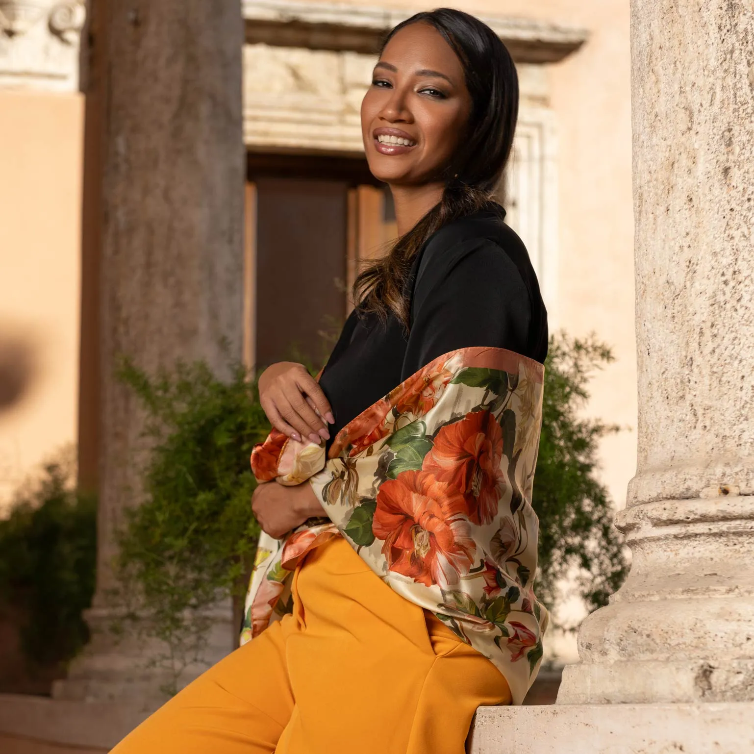 Rosa - Long Satin Silk Scarf - Peach