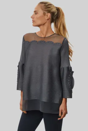 Rose Detail Sleeves Pleated Top In Charcoal Rose Detail Sleeves Pleated Top In Charcoal