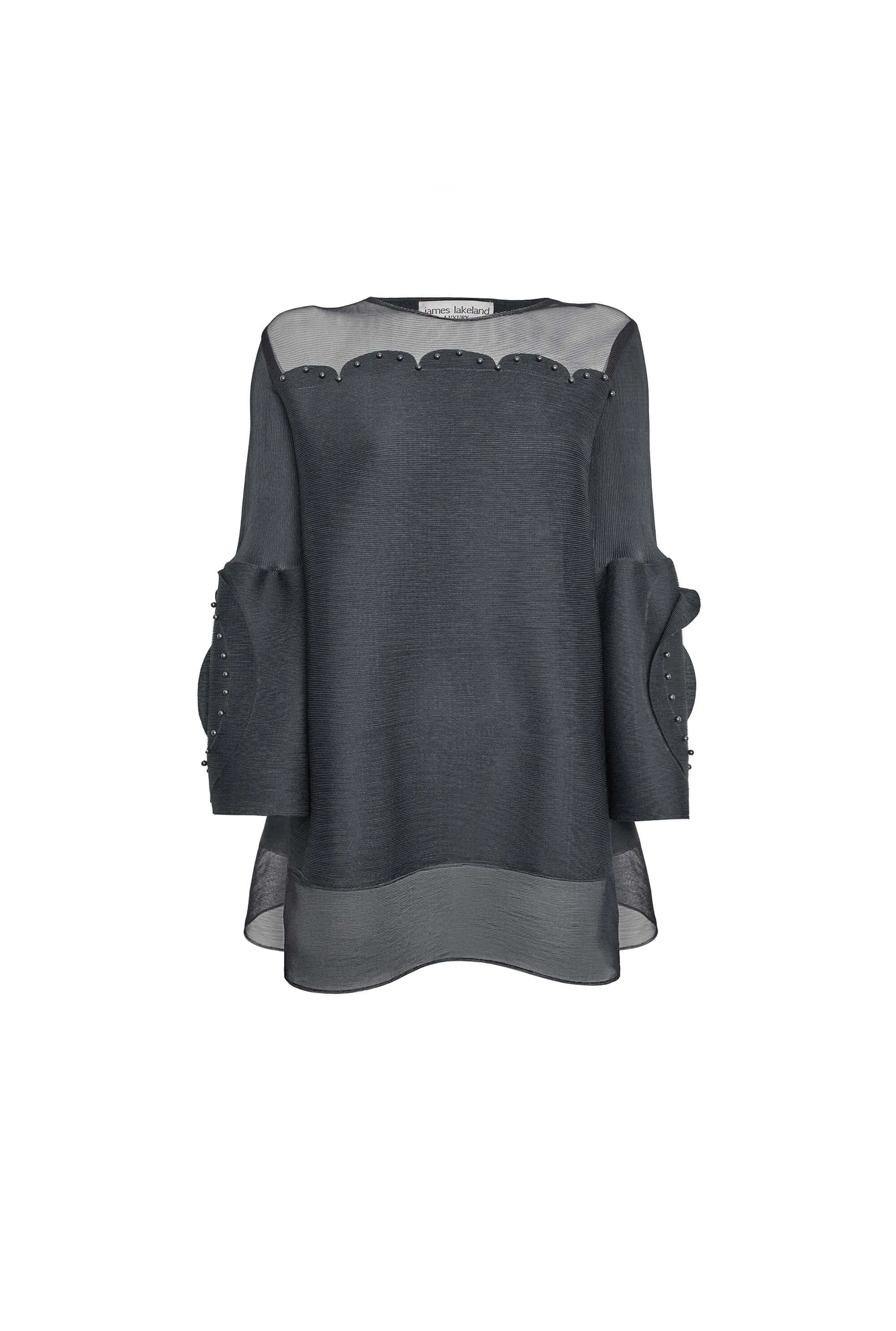 Rose Detail Sleeves Pleated Top In Charcoal