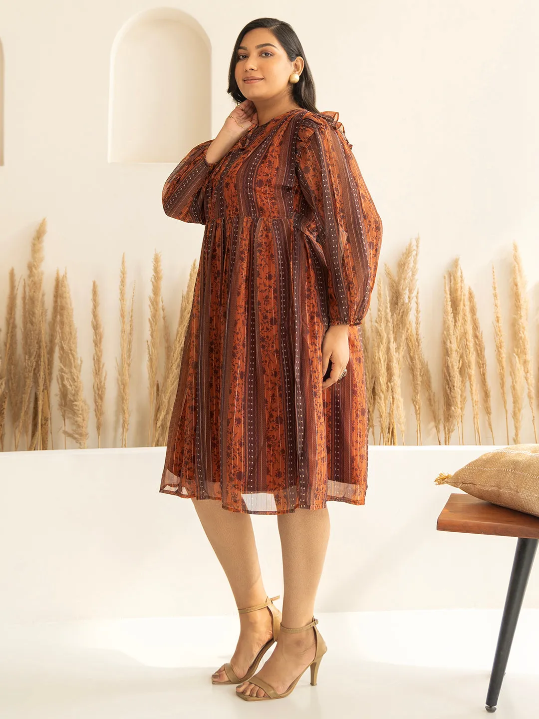 Rust Chiffon Lurex Floral Printed Flared Dress
