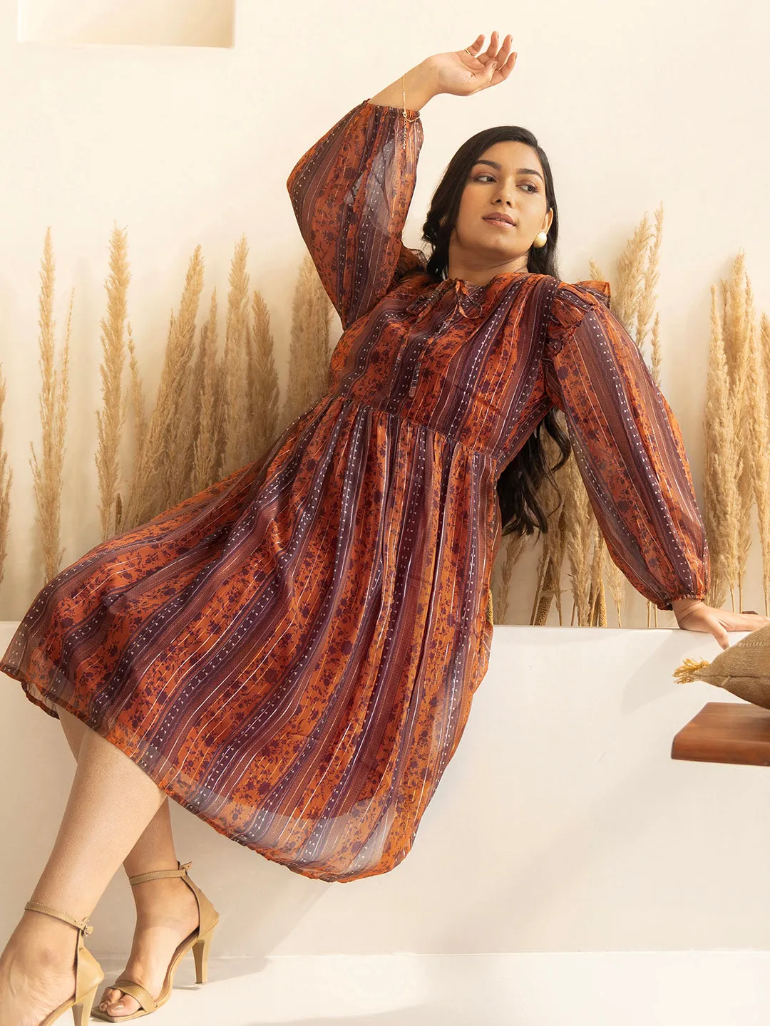 Rust Chiffon Lurex Floral Printed Flared Dress