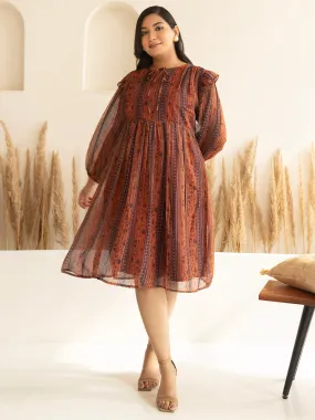Rust Chiffon Lurex Floral Printed Flared Dress Rust Chiffon Lurex Floral Printed Flared Dress