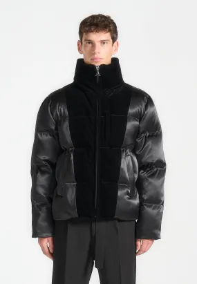 Satin and Velvet Panelled Puffer Jacket - Black Satin and Velvet Panelled Puffer Jacket - Black
