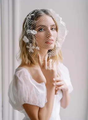Silk and lace blooms bridal birdcage veil - Style #2451 Silk and lace blooms bridal birdcage veil - Style #2451