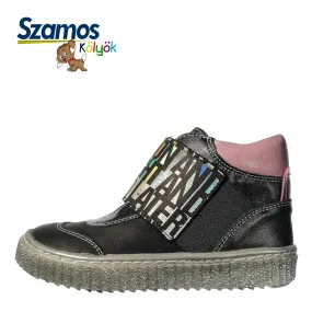 Szamos kid girl high-top shoes black with wide shiny graphic stretchy strap and side zipper little kid/big kid size Szamos kid girl high-top shoes black with wide shiny graphic stretchy strap and side zipper little kid/big kid size