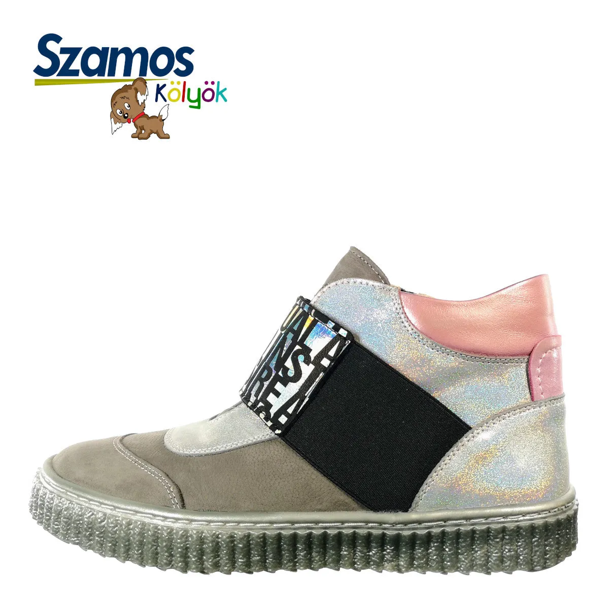 Szamos kid girl high-top shoes grey and pink with wide shiny graphic strechy strap and side zipper little kid/big kid size