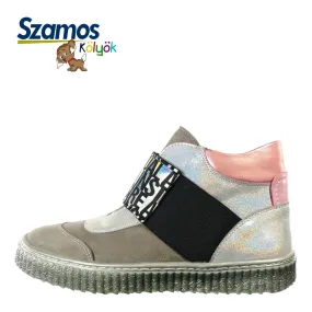 Szamos kid girl high-top shoes grey and pink with wide shiny graphic strechy strap and side zipper little kid/big kid size Szamos kid girl high-top shoes grey and pink with wide shiny graphic strechy strap and side zipper little kid/big kid size