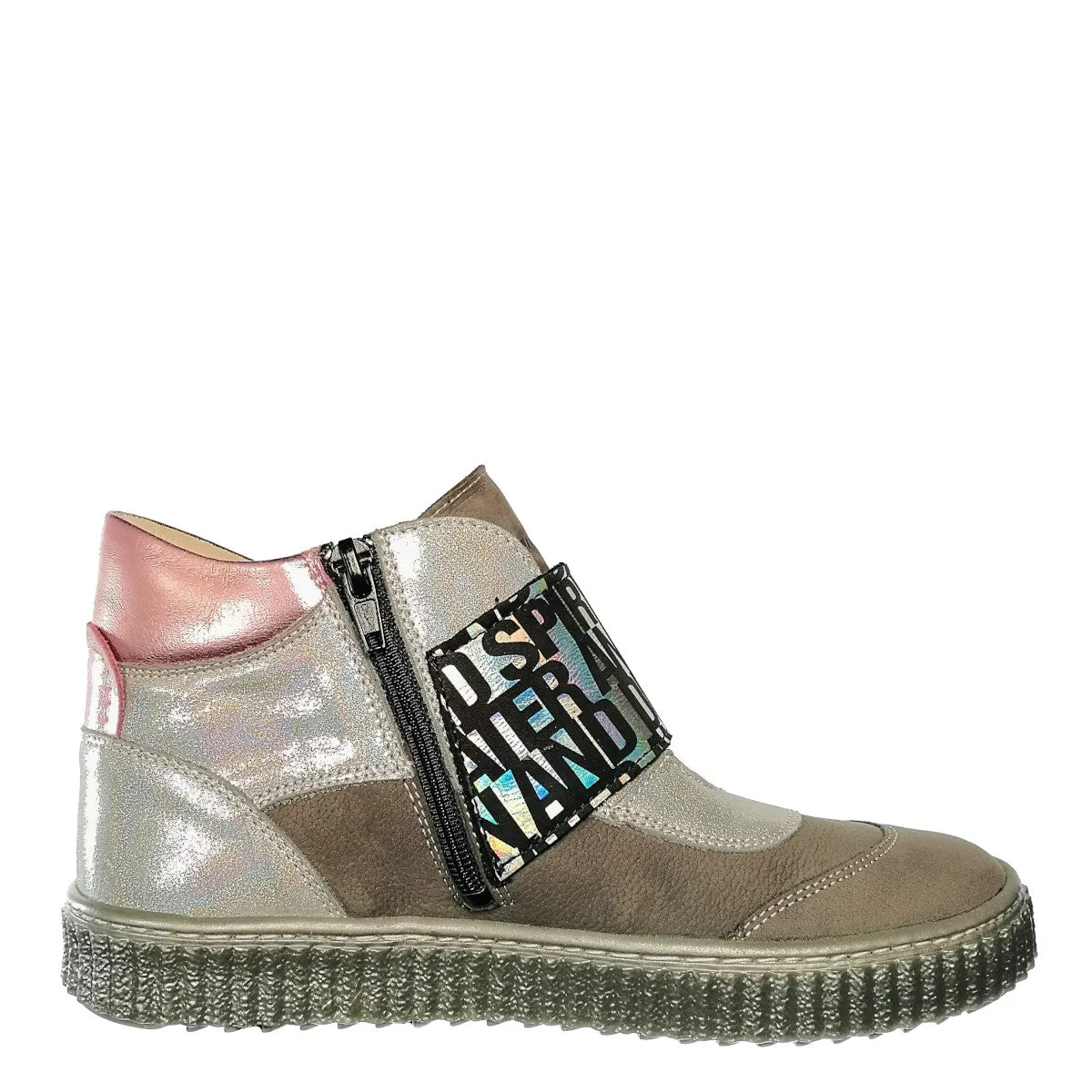 Szamos kid girl high-top shoes grey and pink with wide shiny graphic strechy strap and side zipper little kid/big kid size