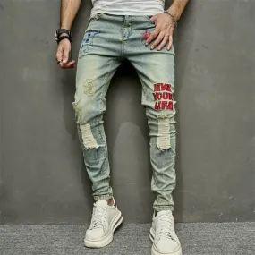 Vintage Men's Stylish Embroidery Ripped Hip Hop Pencil Stretch Denim Jeans Vintage Men's Stylish Embroidery Ripped Hip Hop Pencil Stretch Denim Jeans