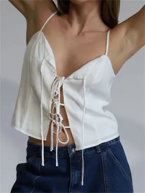 Vintage Women Front Split Tie-up Fashion Sleeveless Strap V Neck Summer Party Low Cut Mini Vest Club Crop Top Vintage Women Front Split Tie-up Fashion Sleeveless Strap V Neck Summer Party Low Cut Mini Vest Club Crop Top