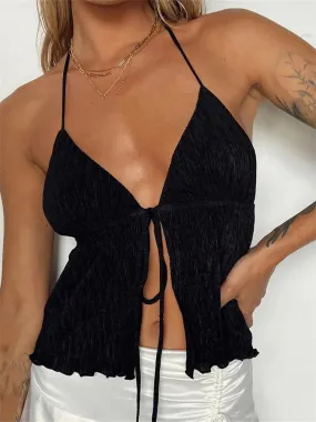 Women Backless Halter Tie-up Cute Mini Vest Sleeveless Deep V-neck Off Shoulder Streetwear 2024 Crop Top Women Backless Halter Tie-up Cute Mini Vest Sleeveless Deep V-neck Off Shoulder Streetwear 2024 Crop Top