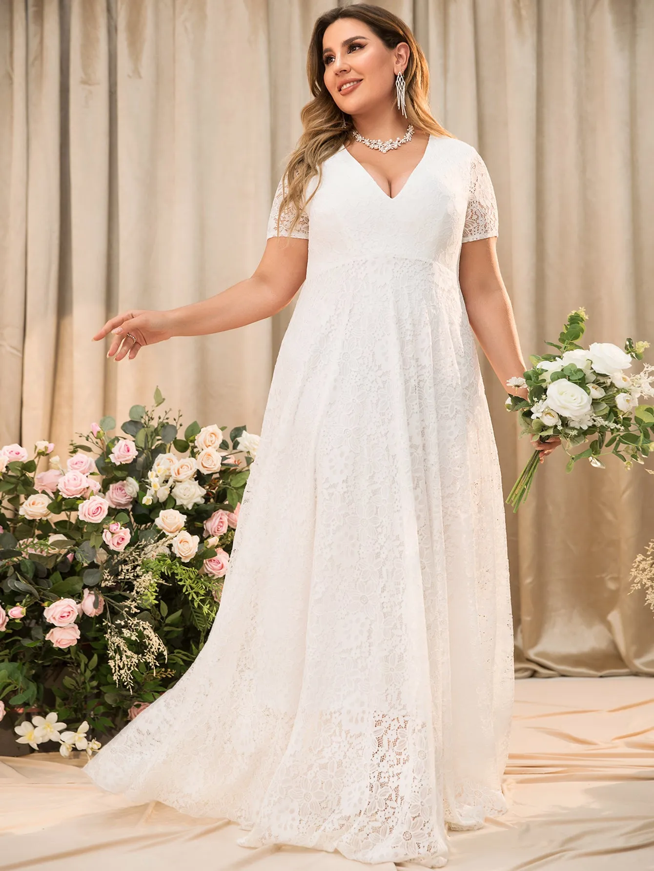 Women Plus Size Floral Lace V-neck Short Sleeve Long Maxi Dresses