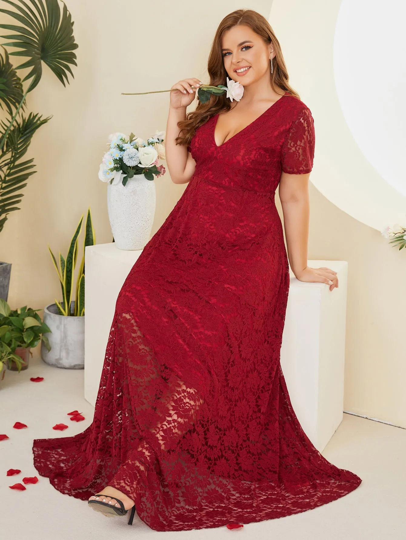 Women Plus Size Floral Lace V-neck Short Sleeve Long Maxi Dresses