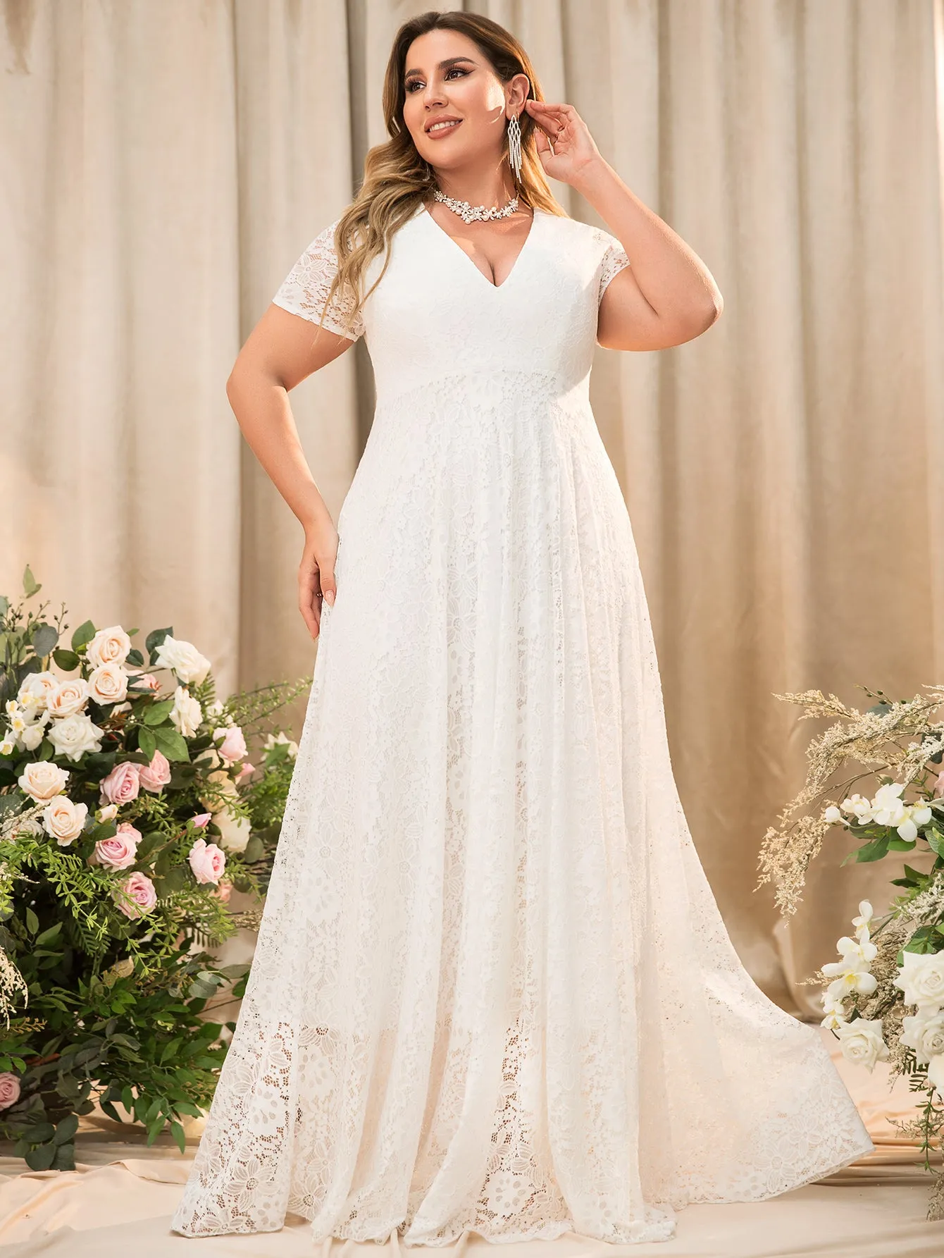 Women Plus Size Floral Lace V-neck Short Sleeve Long Maxi Dresses