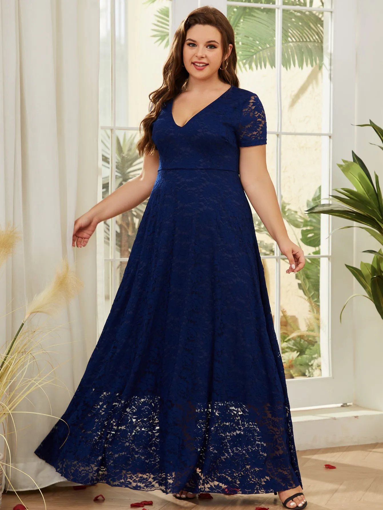 Women Plus Size Floral Lace V-neck Short Sleeve Long Maxi Dresses