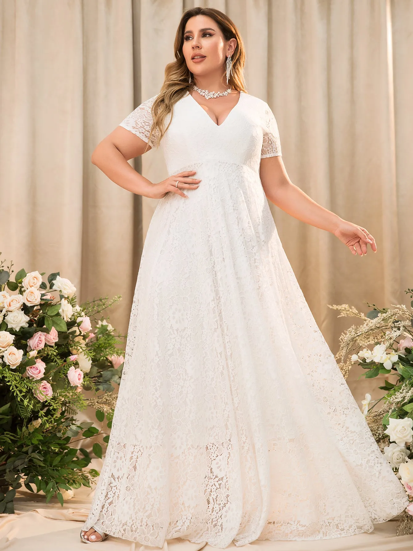 Women Plus Size Floral Lace V-neck Short Sleeve Long Maxi Dresses