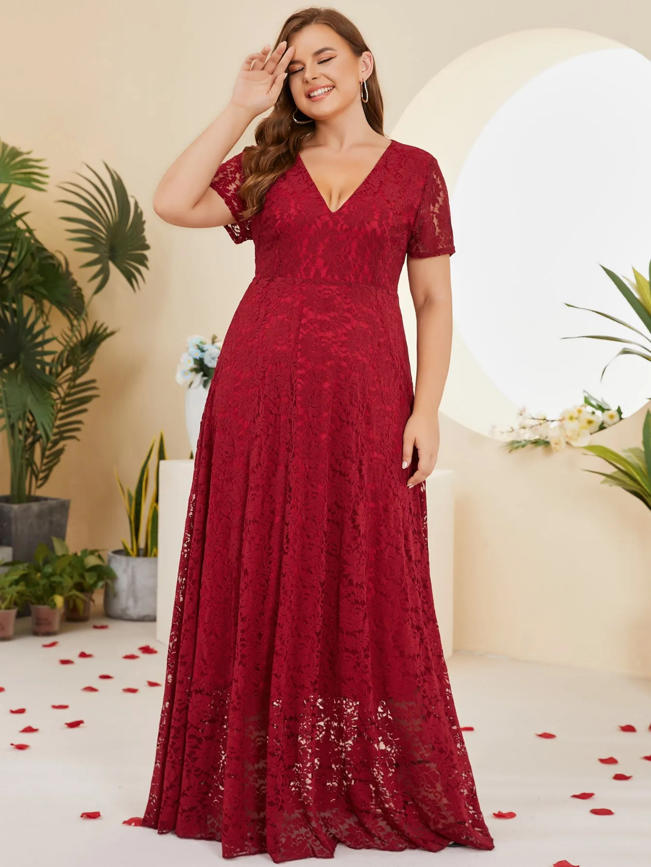 Women Plus Size Floral Lace V-neck Short Sleeve Long Maxi Dresses
