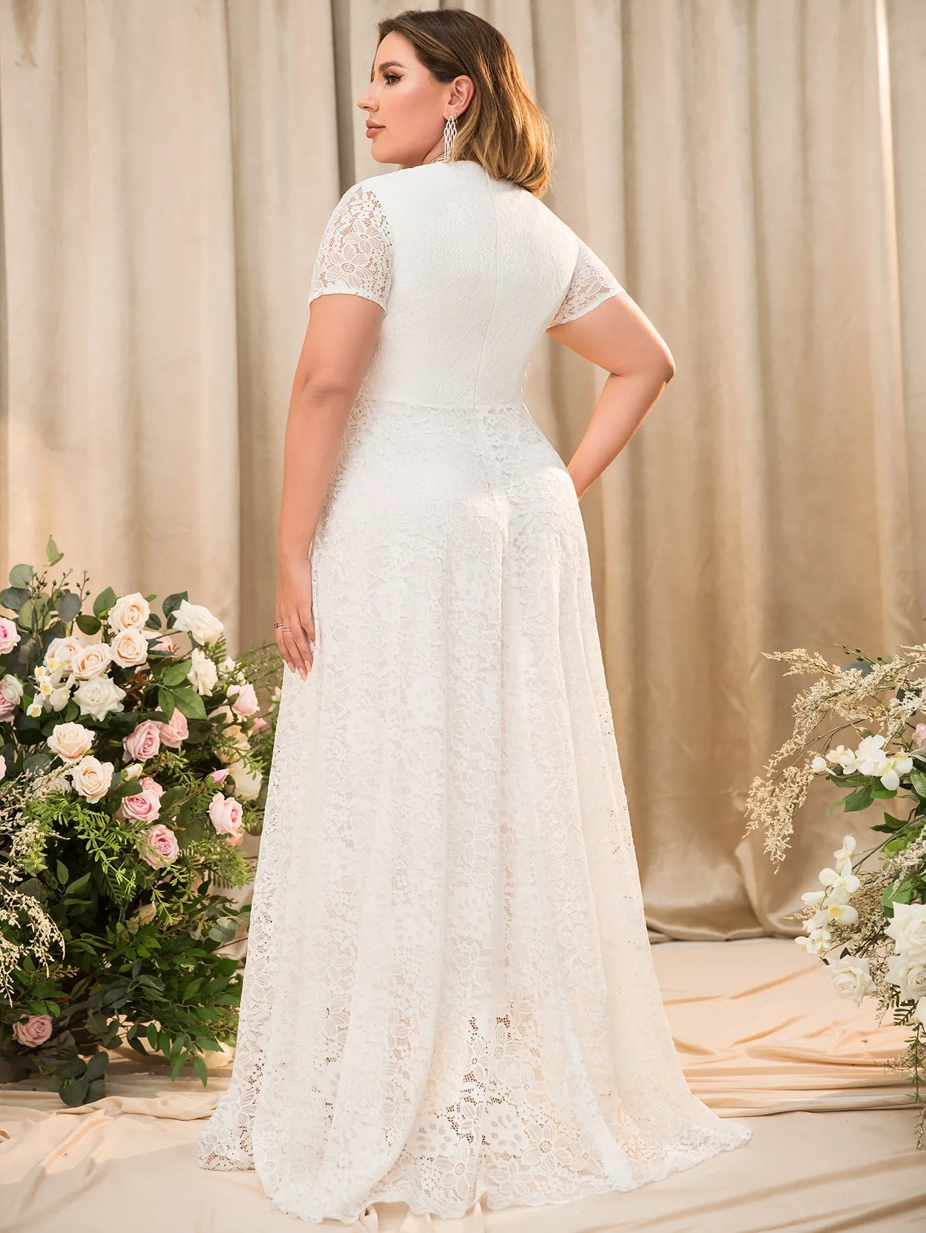 Women Plus Size Floral Lace V-neck Short Sleeve Long Maxi Dresses