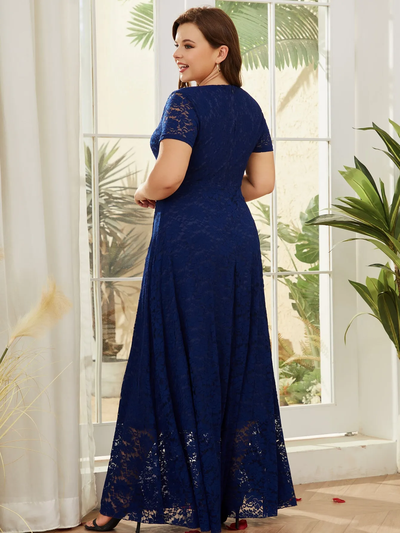 Women Plus Size Floral Lace V-neck Short Sleeve Long Maxi Dresses