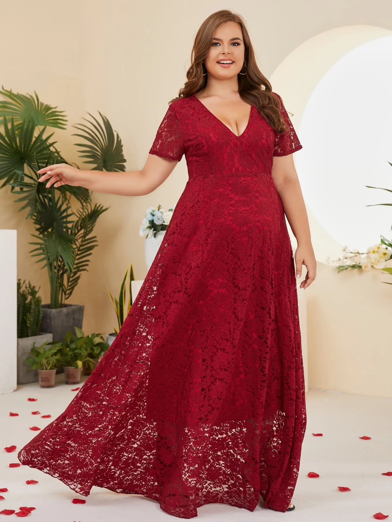 Women Plus Size Floral Lace V-neck Short Sleeve Long Maxi Dresses