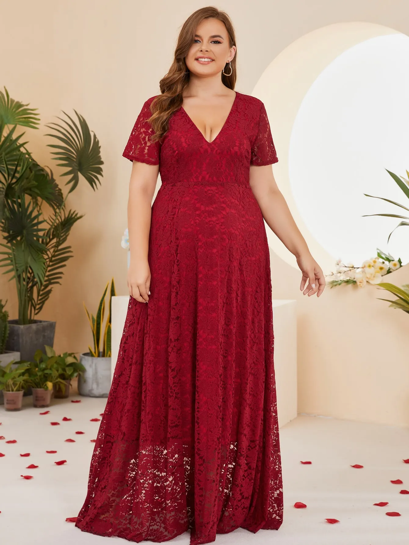 Women Plus Size Floral Lace V-neck Short Sleeve Long Maxi Dresses