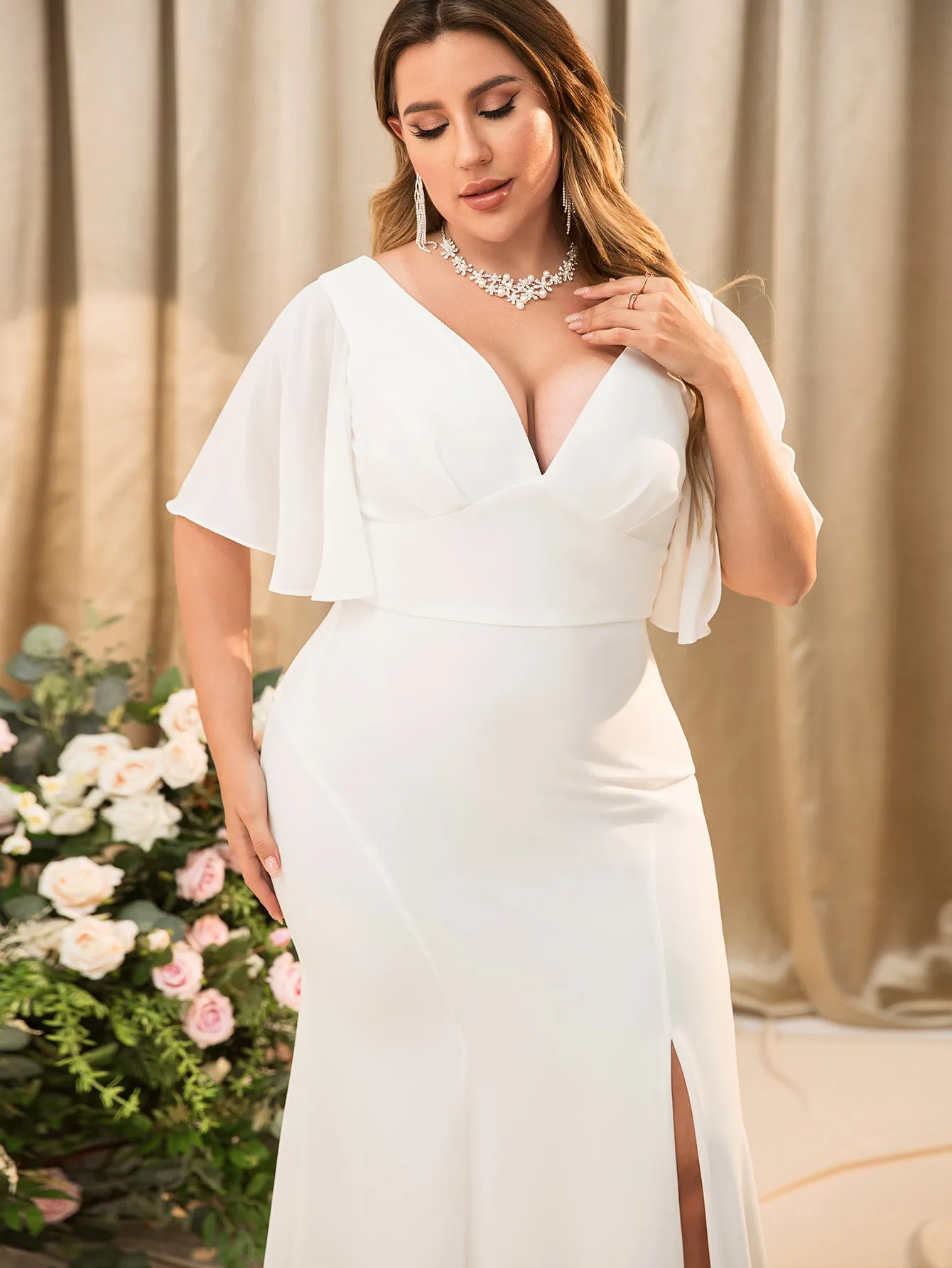 Women Plus Size V-neck Short Ruffle Sleeve Long Chiffon Maxi Evening Dresses