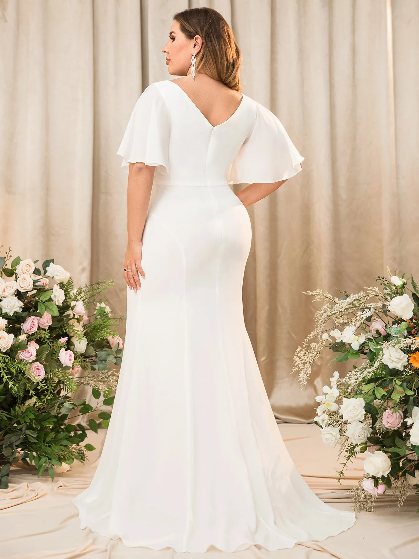Women Plus Size V-neck Short Ruffle Sleeve Long Chiffon Maxi Evening Dresses