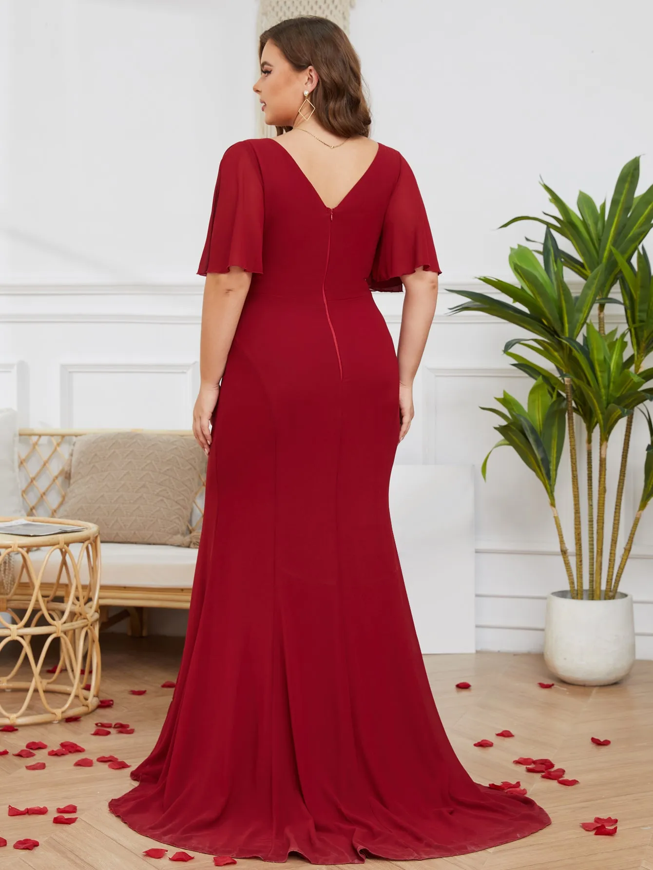 Women Plus Size V-neck Short Ruffle Sleeve Long Chiffon Maxi Evening Dresses