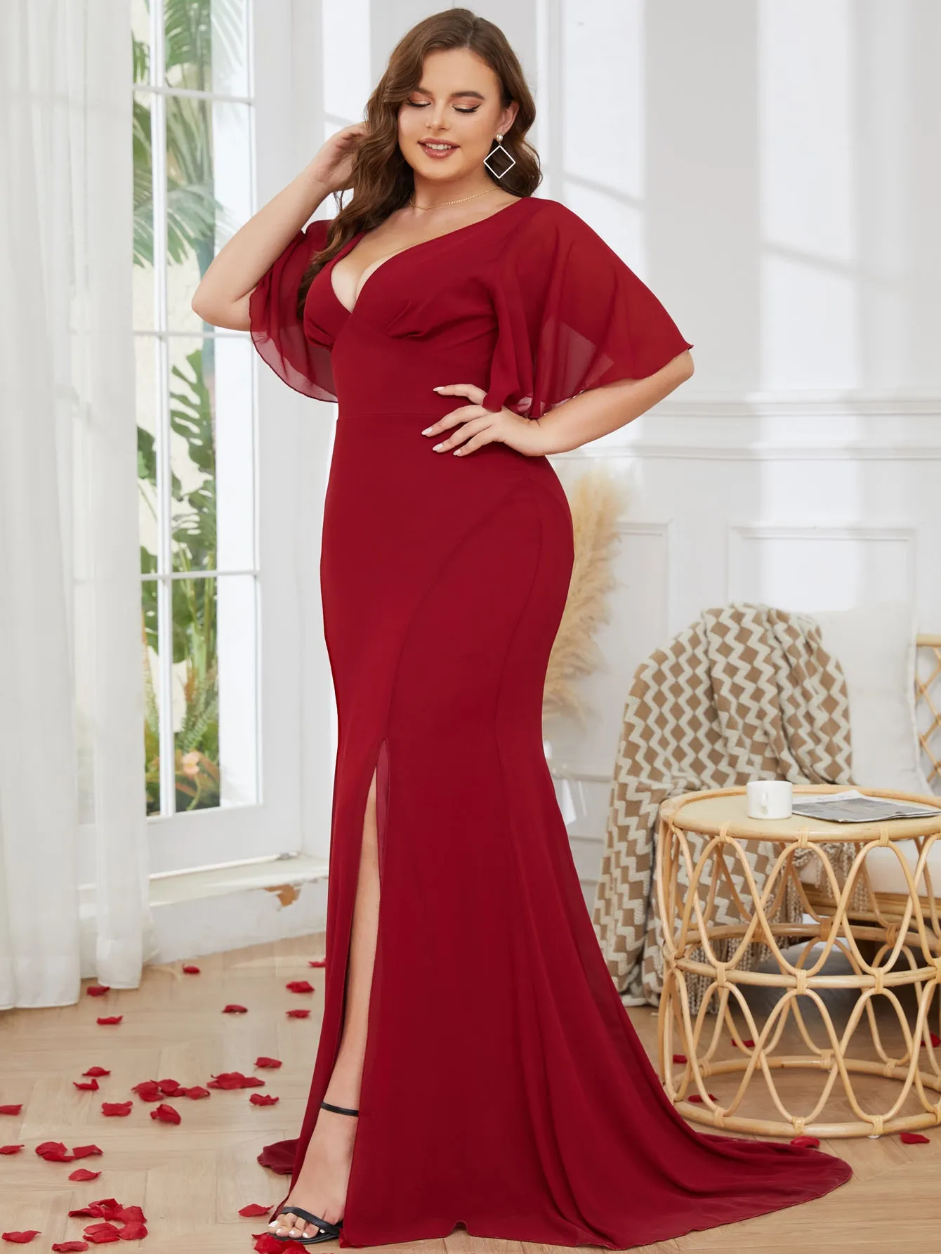 Women Plus Size V-neck Short Ruffle Sleeve Long Chiffon Maxi Evening Dresses