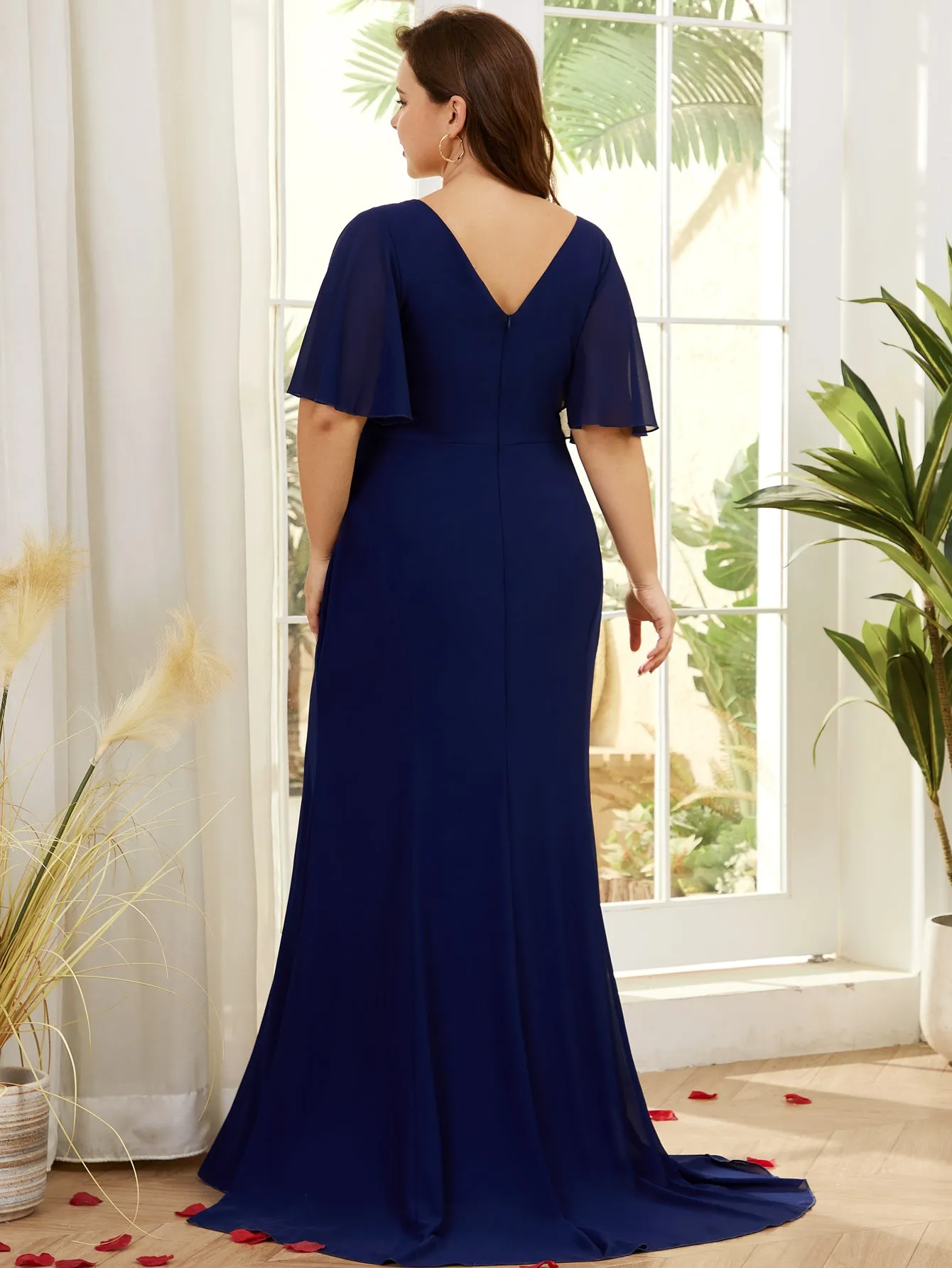 Women Plus Size V-neck Short Ruffle Sleeve Long Chiffon Maxi Evening Dresses