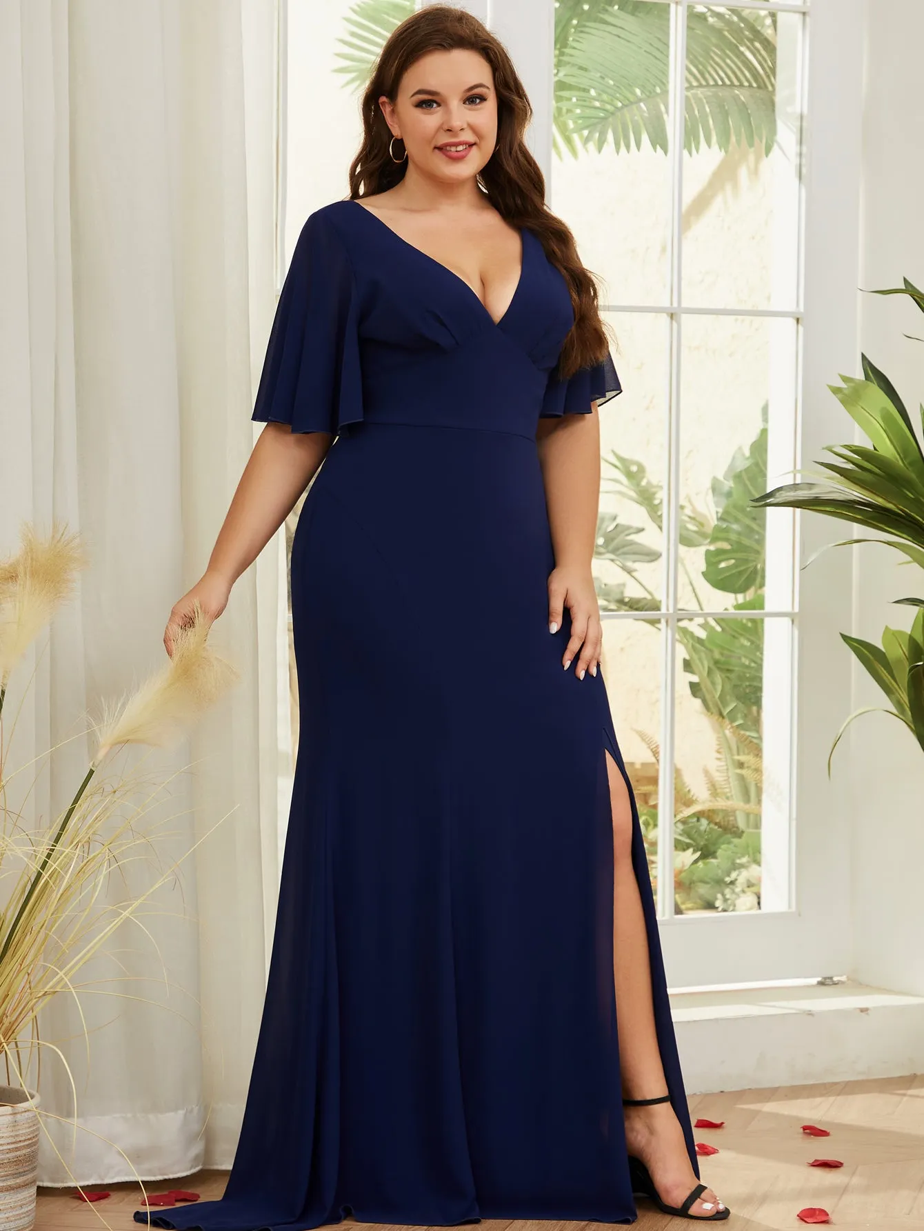 Women Plus Size V-neck Short Ruffle Sleeve Long Chiffon Maxi Evening Dresses