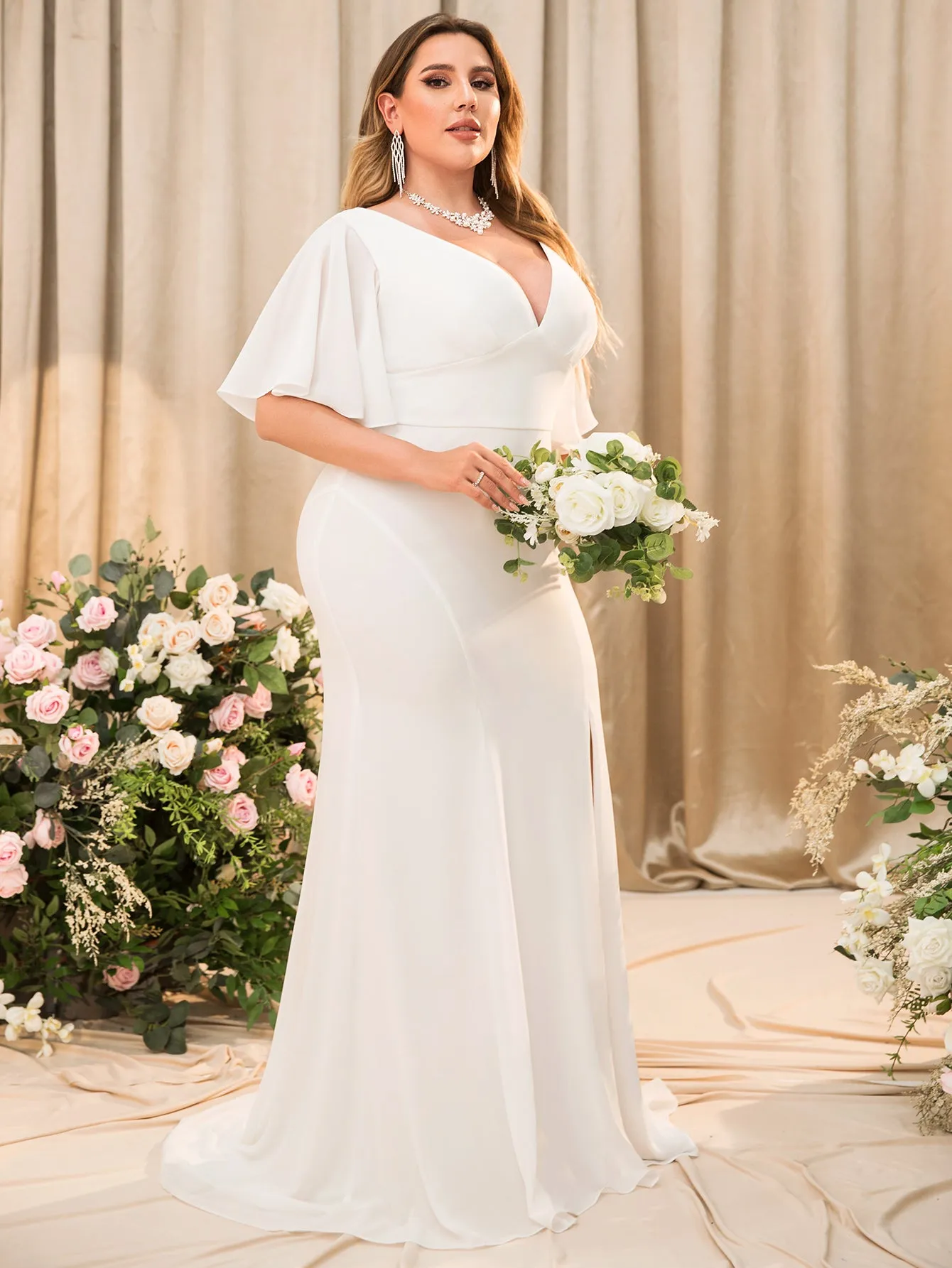 Women Plus Size V-neck Short Ruffle Sleeve Long Chiffon Maxi Evening Dresses