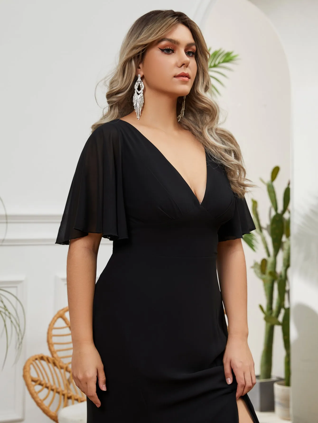 Women Plus Size V-neck Short Ruffle Sleeve Long Chiffon Maxi Evening Dresses