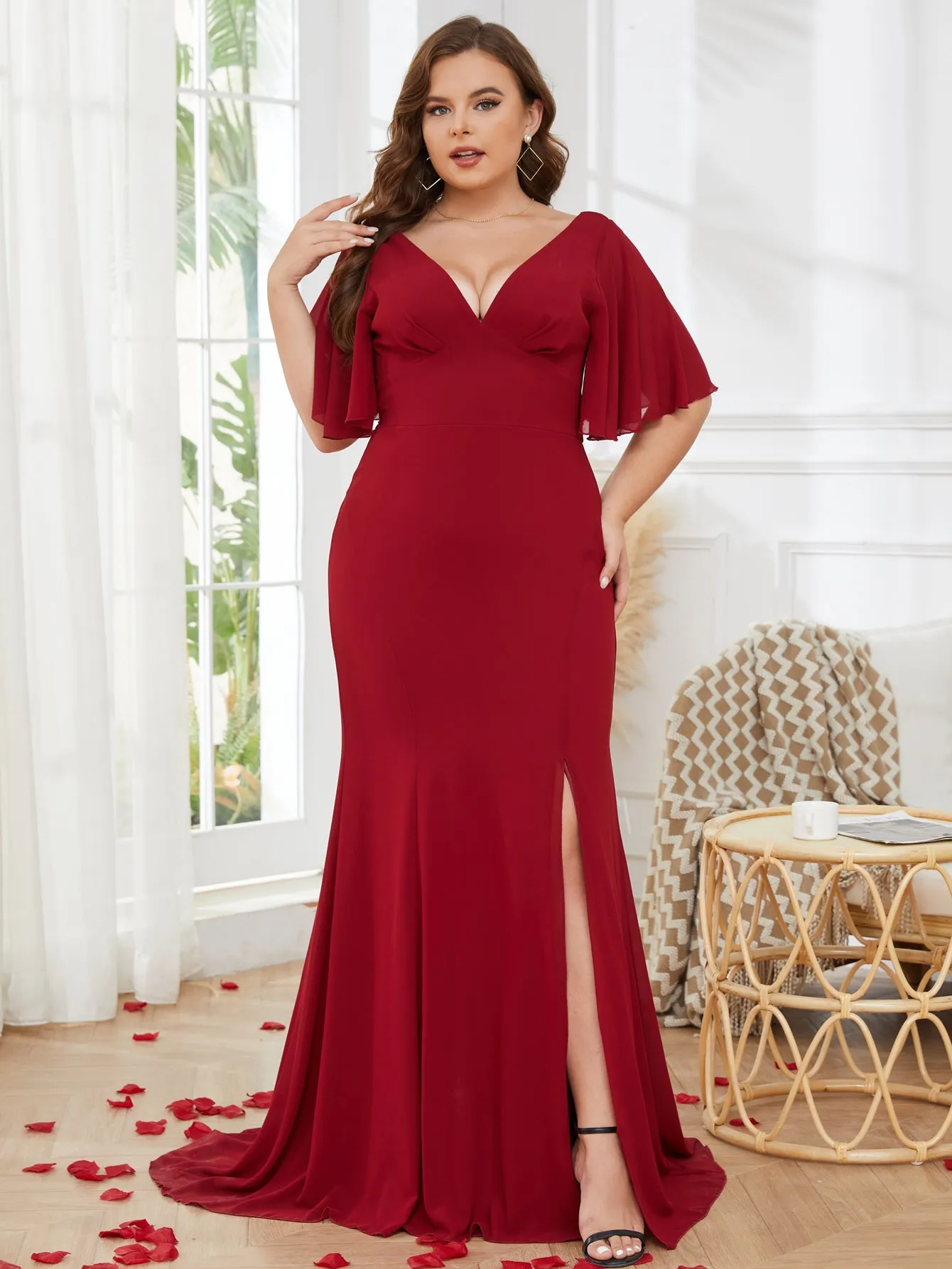 Women Plus Size V-neck Short Ruffle Sleeve Long Chiffon Maxi Evening Dresses