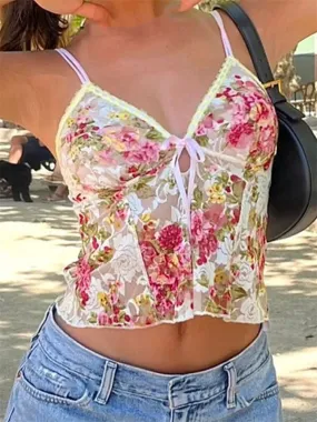 Women Spaghetti Strap Top Floral Print V-neck Front Split Tie-Up Sleeveless Summer Slim Fit Mini Vest 2024 Crop Top Women Spaghetti Strap Top Floral Print V-neck Front Split Tie-Up Sleeveless Summer Slim Fit Mini Vest 2024 Crop Top