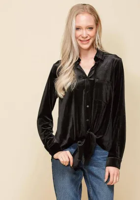 Women's Button Down Velvet Shirt Blouse With Tie Hem in Black Women's Button Down Velvet Shirt Blouse With Tie Hem in Black