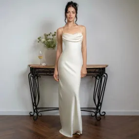 Women's Elegant White Satin V-Neck Prom Dress – Sexy Spaghetti Straps, Backless Long Evening Party Gown Women's Elegant White Satin V-Neck Prom Dress – Sexy Spaghetti Straps, Backless Long Evening Party Gown